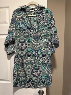 Ladies' Patterned Pullover Shirt Dress-Teal & Navy